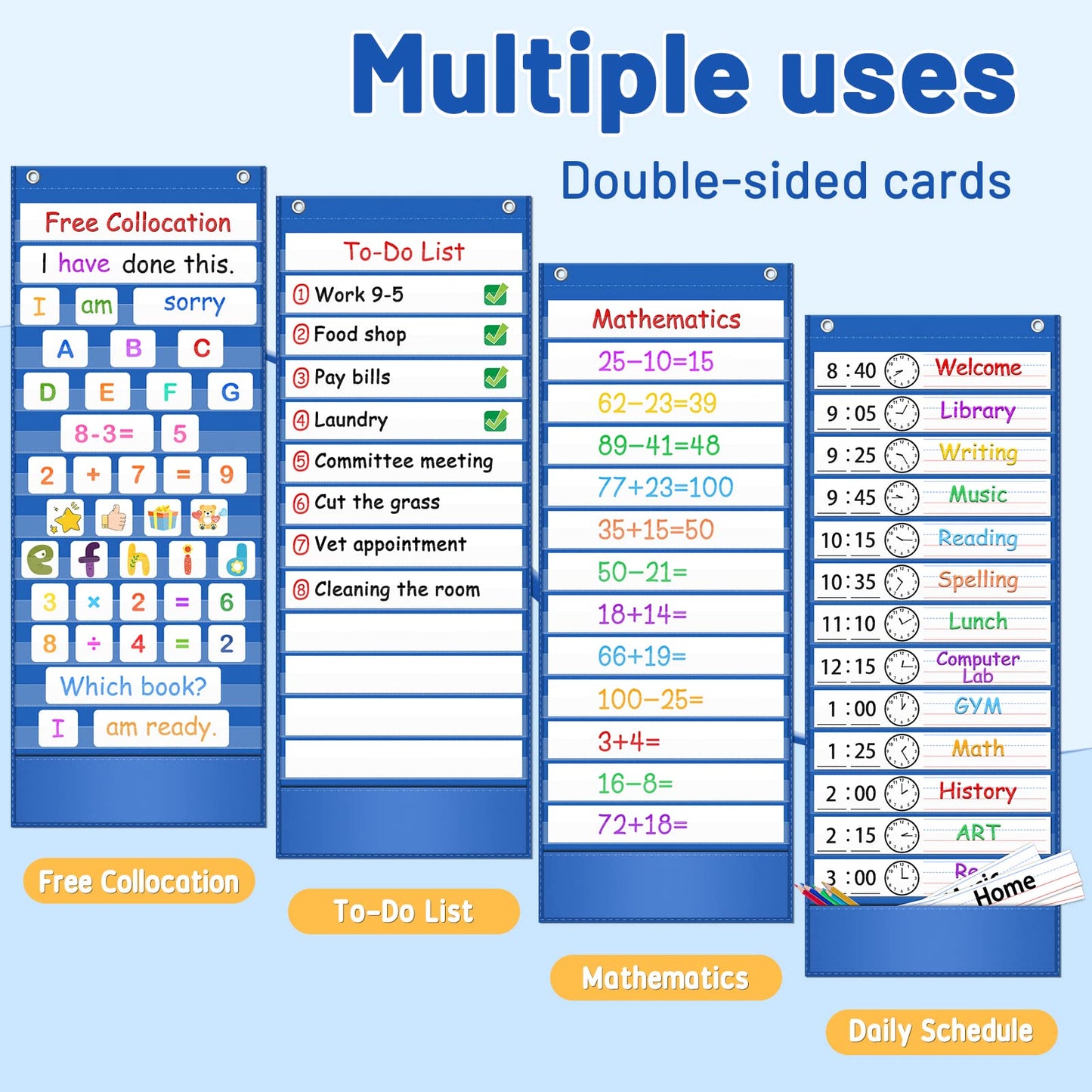 AKAYOK -13+1 Pocket Daily Schedule Pocket Chart, Ultra-Durable Visual Schedule for Kids -Pocket Chart for Classroom Office Home -Reusable Daily Schedule for Kids -Reversible Chart for Sentence Strips