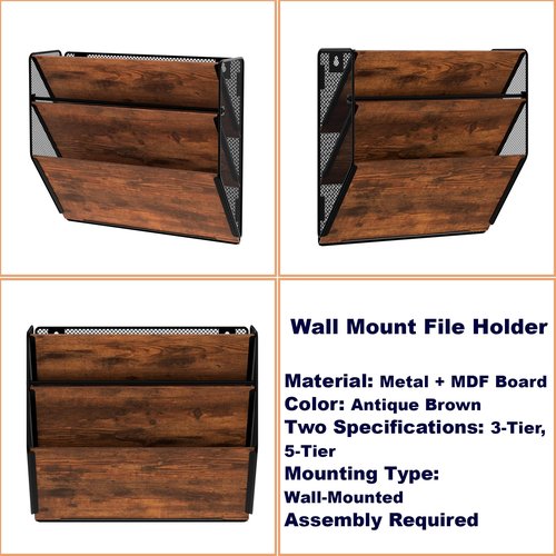 Senhoglb Metal Wall File Holder Organizer, 3-Tier Mesh Hanging Wall File Organizer, Magazine Rack with Pockets, Wood Document Holder for Office Home, Brown