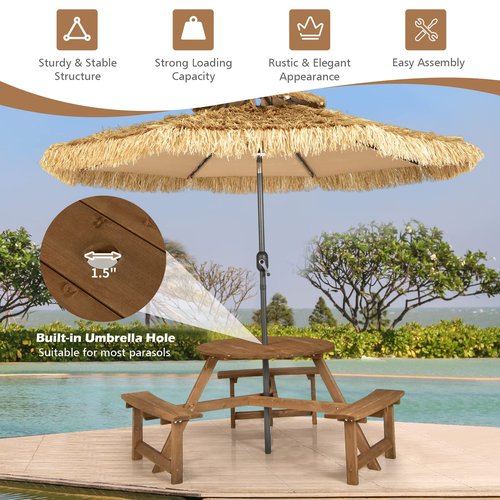 Tangkula 6 Person Wooden Picnic Table, Outdoor Round Picnic Table with 3 Built-in Benches, 1.5 Inch Umbrella Hole, Outside Wood Table and Bench Set for Garden, Backyard, Porch (Dark Brown)