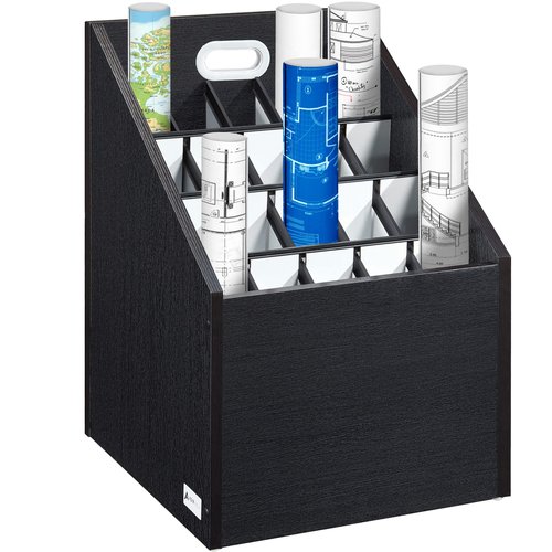 Adir Blue Print Storage Organizer Cart - Wooden Plan and Blueprint Storage Box, Poster Storage Cabinet, Map Storage Cart and Construction Plan Holder in Black