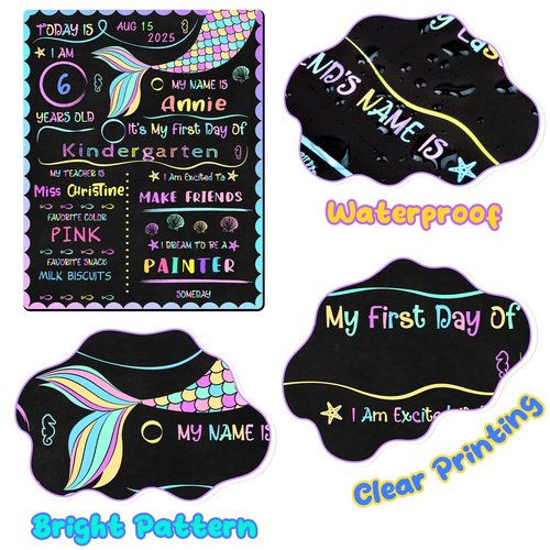 First & Last Day of School Chalkboard 10 x 12 Inch Double Sided Back to School Sign for Kids/Girls/Boys Washable Chalkboard Signs for Kindergarten & Pre-K Mermaid