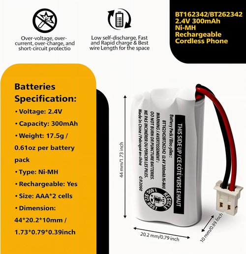 Cerepros 2-Pack BT162342/BT262342 2.4V 300mAh Battery Packs for VTech Cordless Phone