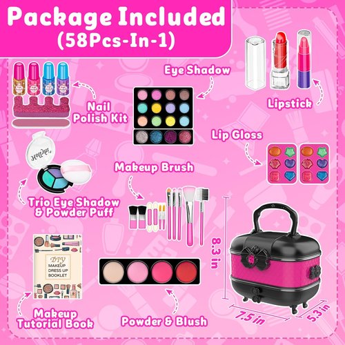 Hollyhi Kids Makeup Kit - 58 Pcs Real Washable Cosmetic Set with Mirror | Perfect Birthday Gift for Girls Ages 3-12 (Rose)