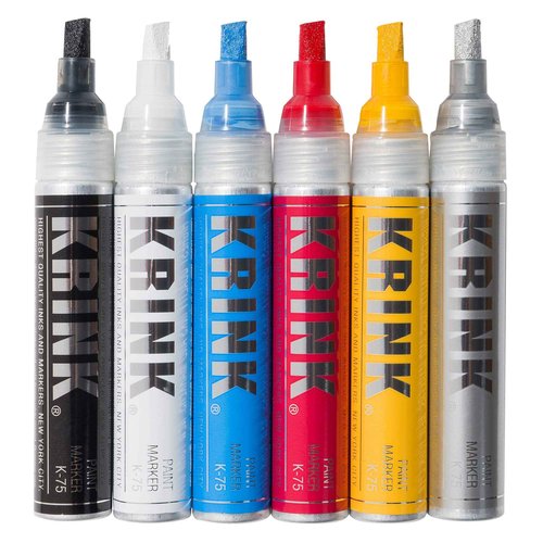 Krink K-75 6 Piece Paint Marker Set - Vibrant and Opaque Fine Art Paint Pen for Any Surface - Permanent Graffiti Markers Paint Markers with Alcohol-Based Paint for Plastic Glass Paper and More
