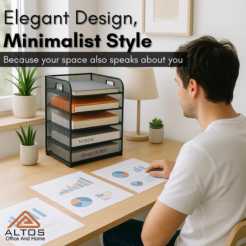 ALTOS OFFICE AND HOME, Metal Mesh Desk Organizer, 5 Compartments, Large Capacity, Holes to Handle It, Rounded Corners, Non-Slip, Anti Rust, Hinge Design