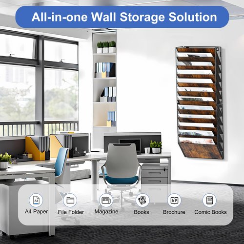 Solinxe 12-Pocket Wall File Organizer, Wood Mail Organizer Wall Mounted Paper Document Magazine Holder, Hanging Clipboard Storage Basket for Office Home School Organization, Black/Antique