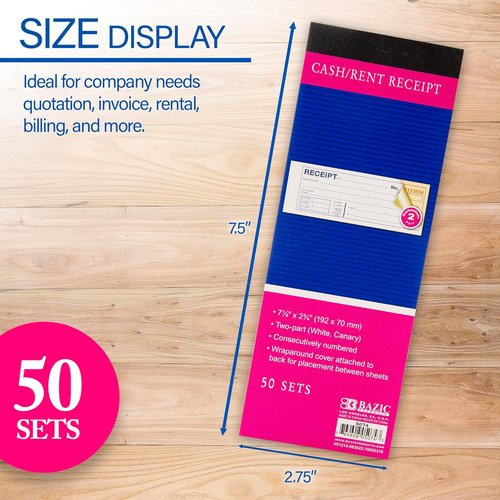 BAZIC PRODUCTS Receipts Book - 2-Part Carbonless Money Cash Rent Receipts for Landlords | 50 Sets, 7.5" x 2.75", White