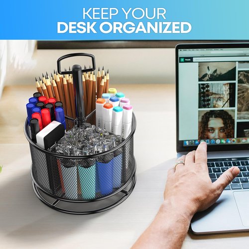 MINDEPOT 360-Degree Rotating Pen Holder for Desk, Mesh Pencil Organizer Multi-Functional Pen Holder, 4 Compartments Desktop Stationary Organizer, Home Office Black