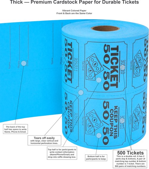Tacticai 500 Raffle Tickets, 50/50, Blue (1 of 8 Colors), Double Roll, Large Ticket for Events, Entry, Class Reward, Fundraiser & Prizes