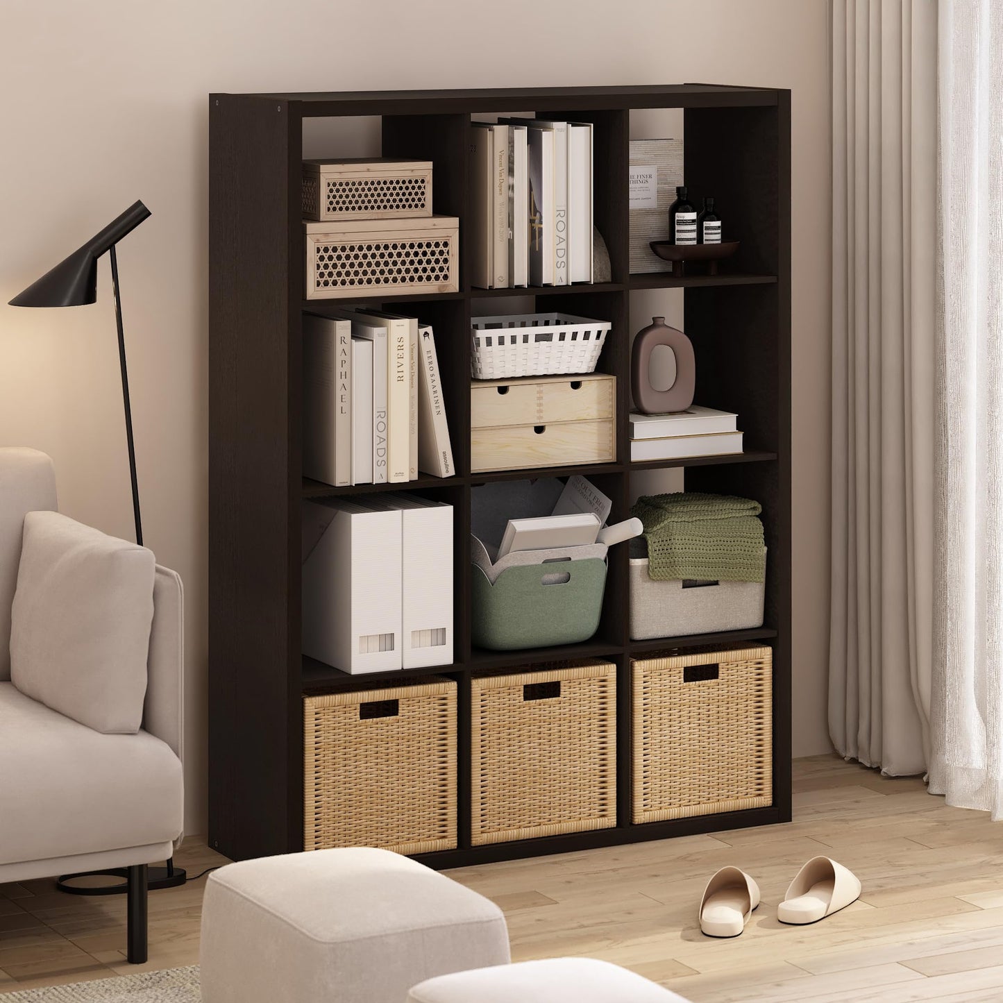 Furinno Cubicle Book Shelf, 12-Cube Bookshelf, Extra Thick Frame Reversible Bookcase with Open Back, 14.6" x 44" x 58", for Living Room, Bedroom, Home Office, Black Dark Oak