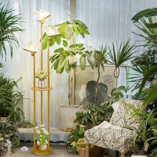Stepeak Gold Floor Lamps for Living Room, Modern Floor Lamp with Shelves, 3 Adjustable LED Butterfly Lights, Brass Standing Lamps with Table, On/Off Switch, Corner Tall Floor Lamp for Bedroom
