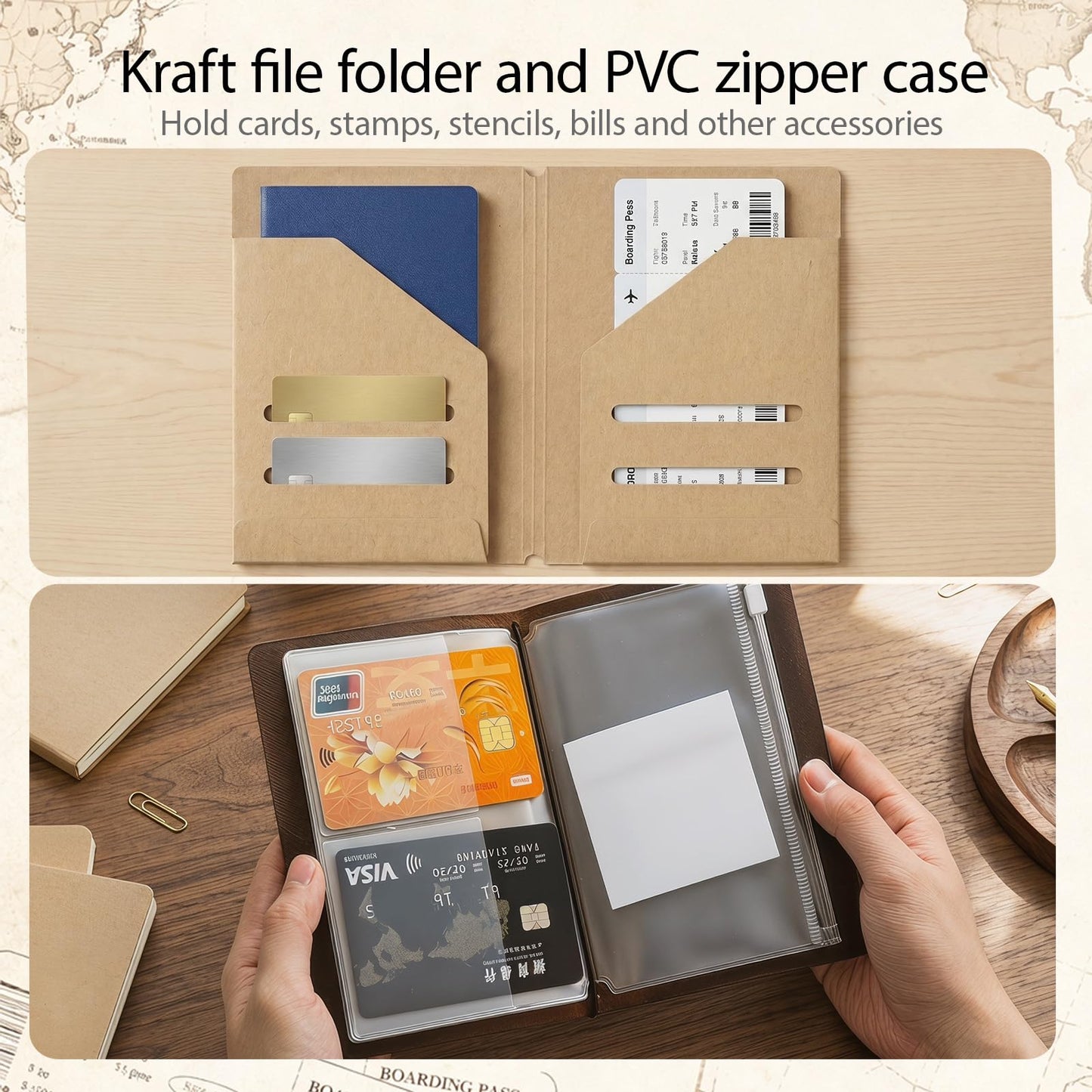 Travelers Notebook Accessories Kit - Kraft File Folders, PVC Zipper Pouches, Pen Holders, Binder Clips, Elastic Bands for Travel Journal Organizer(2 Pack,Passport Size)
