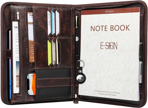 IVESIGN Zippered Padfolio for Women & Men Resume Portfolio Folder Vegan Leather Business Organizer Planner,with Writing Pad Interior 10.1 Inch Tablet Sleeve Dark Brown