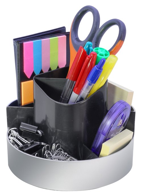 Kantek Rotating Desk Organizer, 8 Compartments, Plastic, 6 x 5.75 x 4.5, Black/Silver