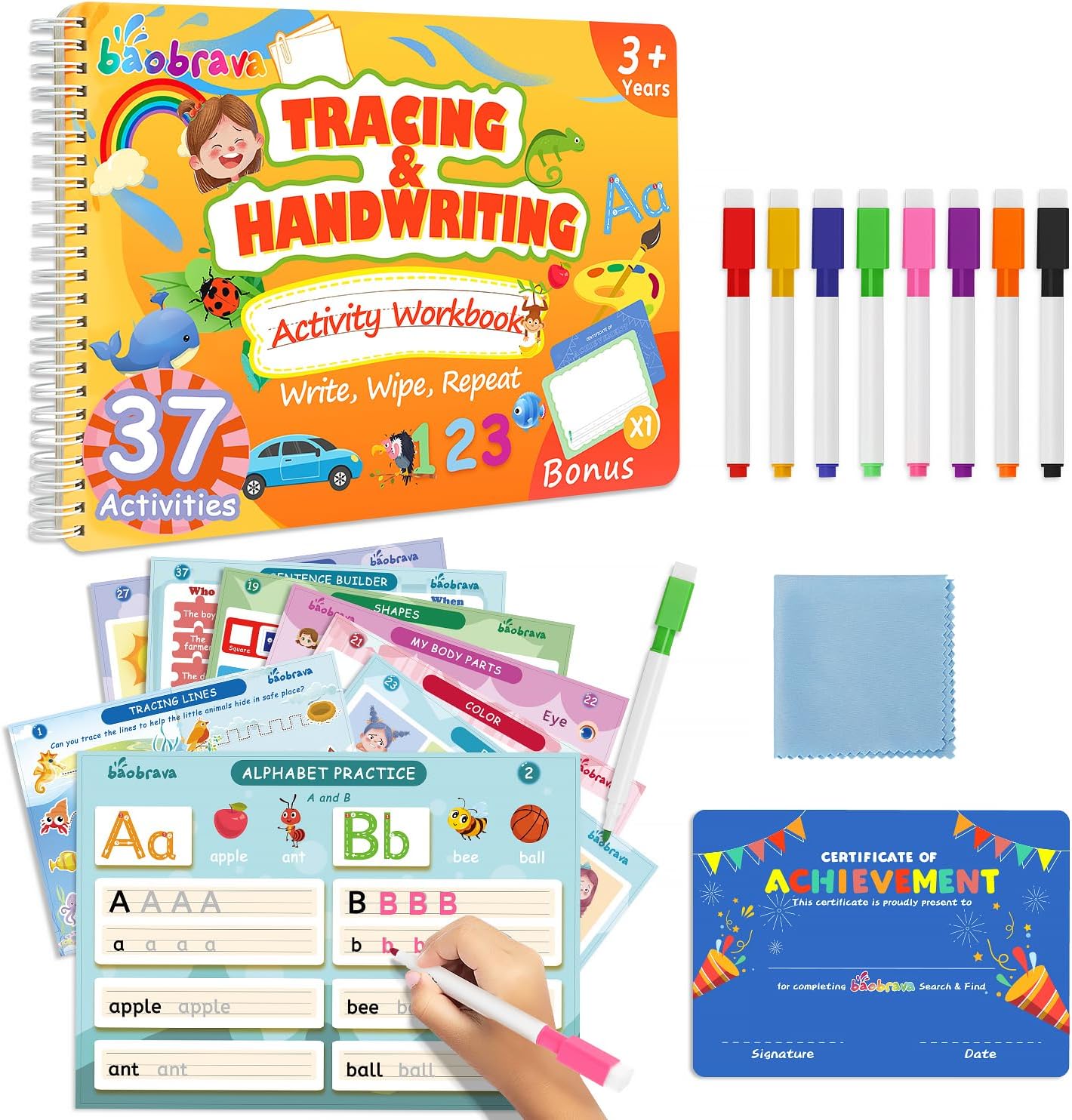 Baobrava Preschool Learning Activity Books - 37 Themed Tracing Activities for Ages 3-8 | Fun Handwriting Practice & Travel Games