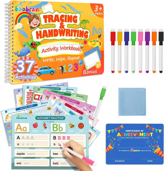 Baobrava Preschool Learning Activity Books - 37 Themed Tracing Activities for Ages 3-8 | Fun Handwriting Practice & Travel Games