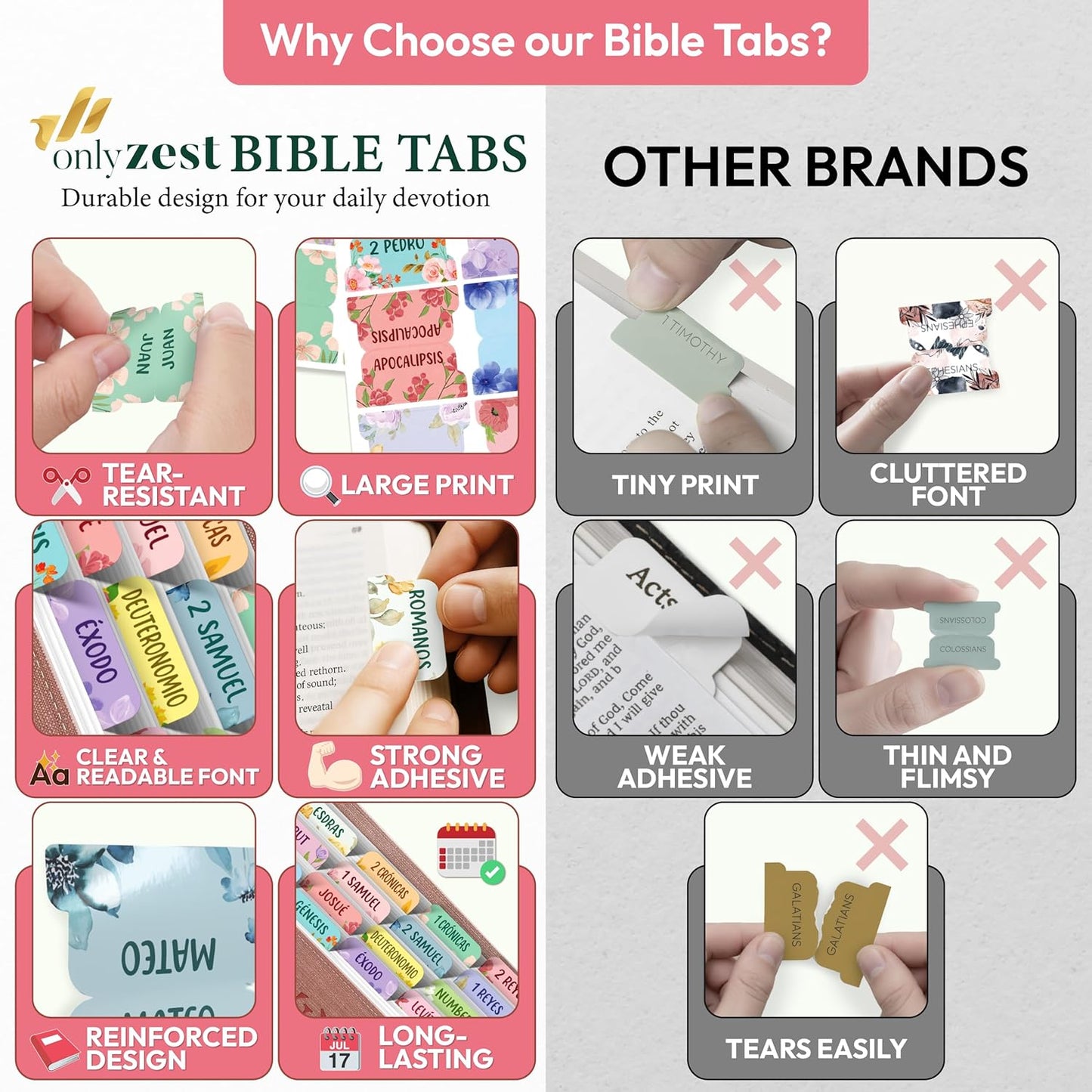 Spanish Bible Tabs | 90 Large Print Laminated Index Tabs for Easy Study - Perfect Christian Gift