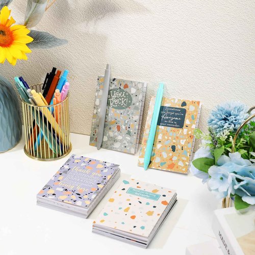 PerKoop 100 Sets Christmas Mini Pocket Notebook with Pens Bulk Motivational Employee Appreciation Gifts Inspirational Marbling Notepad with Colorful Pens for Teacher Coworker Team