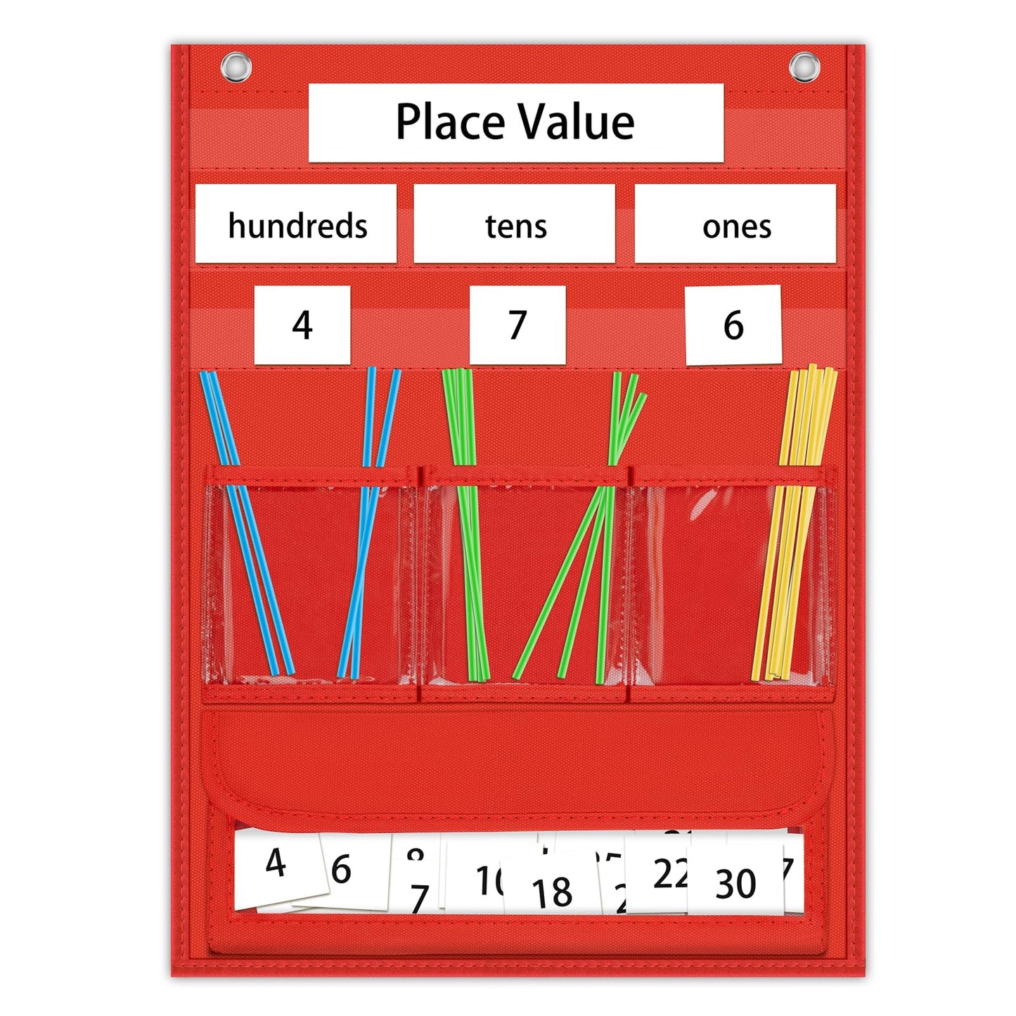 AUVCAS Place Value Pocket Chart & Counting Caddie - Math Manipulatives for Kindergarten, Preschool & Homeschool Classroom (Includes 210 Straws, 30 Number Cards & 4 Headers) - Red