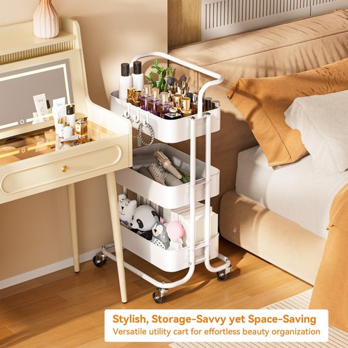 YIPPPPE 3 Tier Rolling Cart, Mobile Office Storage Cart with Handle and Lockable Wheels, Utility Organization with Metal Mesh Shelves for Kitchen Bedroom, White