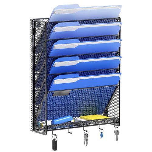 OUTWOLF Hanging Wall File Organizer with Hooks, 6 Tier Vertical Wall Mount File Holder, Paper Document Mail Organizer for Office