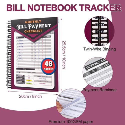 Regine Switzerland Monthly Bill Payment Checklist - Bill Tracker Notebook with Spiral Binding | 8"x10" Size, 960 Records Included (Plum)