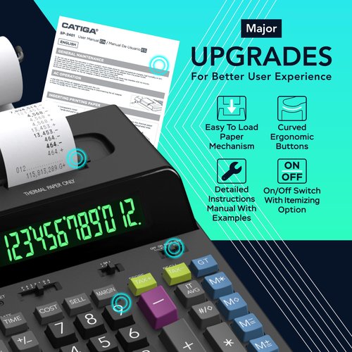 CATIGA 12 Digit Thermal Printing Calculator with Tape Print Out, Ink-Free Adding Machine, 5X Faster Quite at 8.0 LPS, Extra Large Fluorescent Display, Tax Calculation with Clock and Calendar, SP-2401