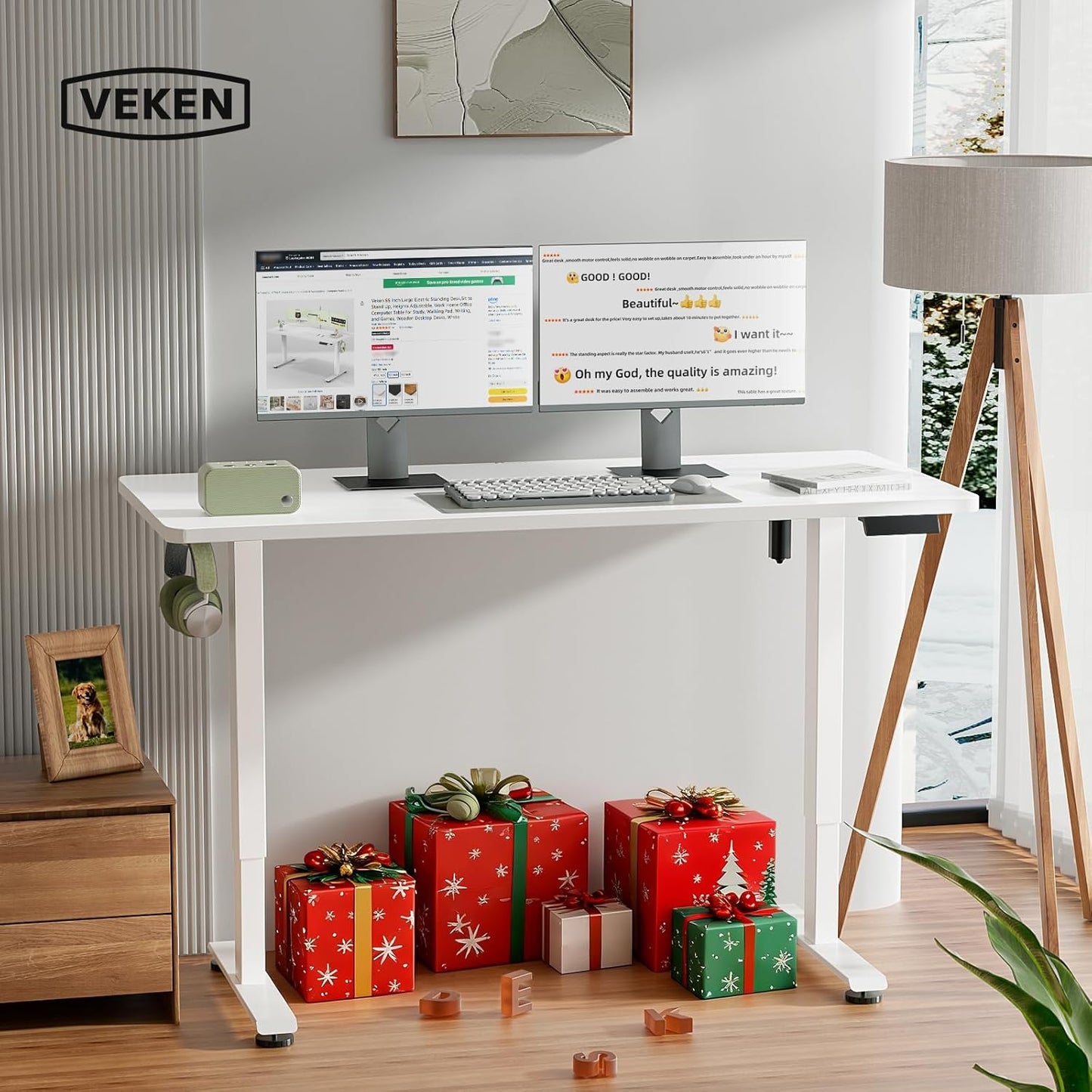 Veken 55-Inch Electric Standing Desk - Height Adjustable Home Office Table | White Wooden Desktop