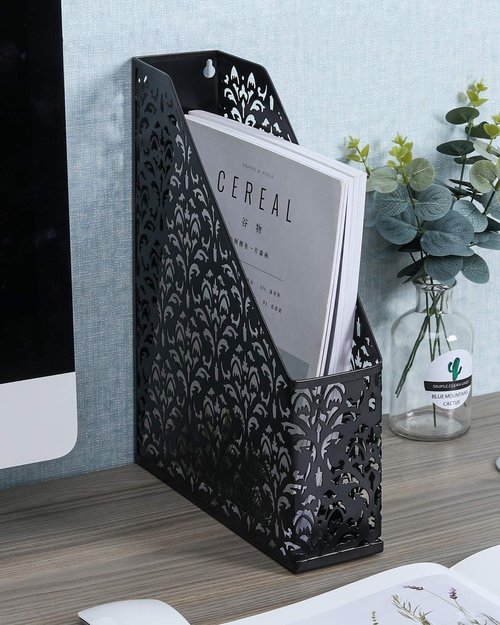 EasyAPG Heavy Duty Metal Magazine File Holder - Carved Hollow Flower Pattern Design, No Assembly Desk Organizer for Legal Size Files, Home Office Storage Rack, Black