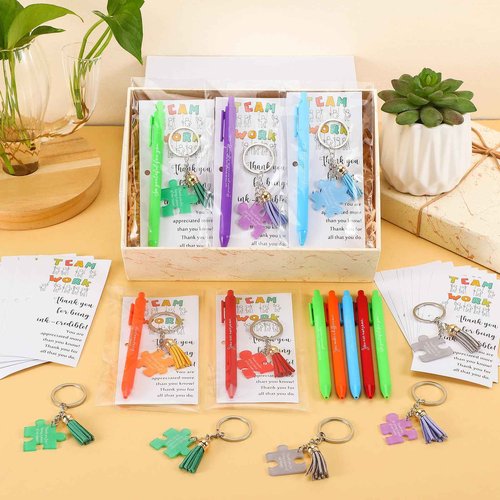 Sayglossy 50 Set Bulk Team Appreciation Gifts for Employee Coworker School Staff Teacher Student Client Inspirational Pens and Positive Puzzle Piece Keychains 10 Style for Christmas Gifts