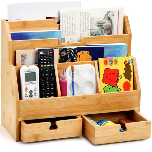 Youeon Bamboo Desk Mail Organizer with Drawers, Large Office Desk Organizer, Countertop Magazine File Holder, Desk Organizer and Sorter for File Letter Paper Office Supplies