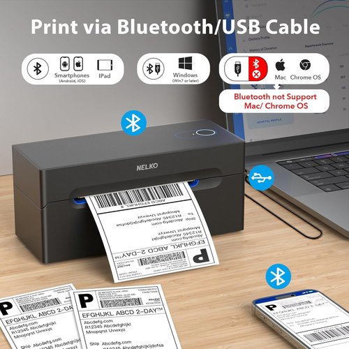 Nelko Bluetooth Thermal Shipping Label Printer - Black | Includes 500 Genuine 4x6 Direct Thermal Labels