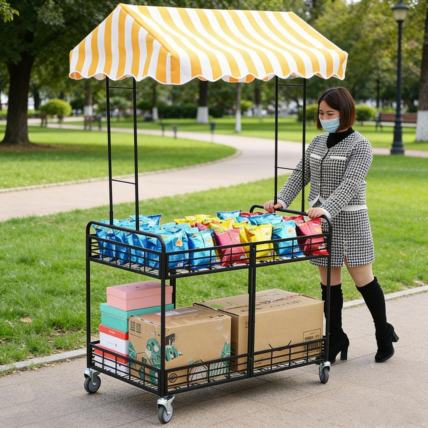 Folding Vendor Stall Cart with Canopy 2-Tier Mobile Food Display Stand On Lockable Wheels Flexible Storage Thickened Square Tube Suitable for Farmers Markets and Street Stalls Pink + White 43.3in
