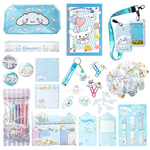 ALFUN Cute Stationery Kawaii School Supplies Stuff Set, Includs Gel Pens Stickers Keychain Notebook Pins Badge Holder Lanyard Sticky Note Bookmark Ruler