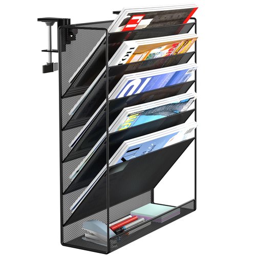 DESKORGA file organizer, TO BE FIXED WITHOUT DRILLING, A4 document holder and office supplies, storage, wall magazine holder, desk storage bannette, desk accessories (Black)