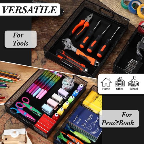 Tandefio 3 Pcs Desk Drawer Organizer Bulk Metal Mesh Trays A4 Large Desktop Storage Box Portable Wire File Basket with Handle for Office Supplies Craft Magazine Paper 12.87" x 9" x 2.4"(Black)