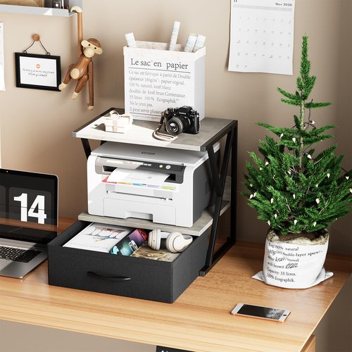 aboxoo Printer Stand for Desk with Storage Drawer, 2 Tier Desktop Or Under Desk Shelf, Multi-Purpose Desks Organizer for Home Office, fit Fax Machine/3D Printer/Scanner, Grey