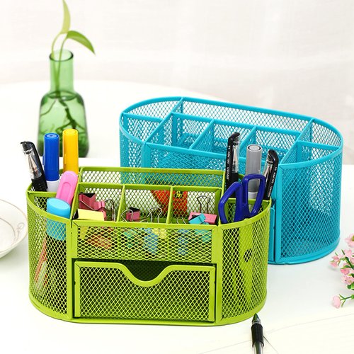 Rkqoa Black Mesh Desk Organizer Desktop Office Supplies with 9 Compartments, Office Desktop Organizer with Drawer, Metal Pen Holder Stationery Caddy Multifunctional Organizer for Desk Organization