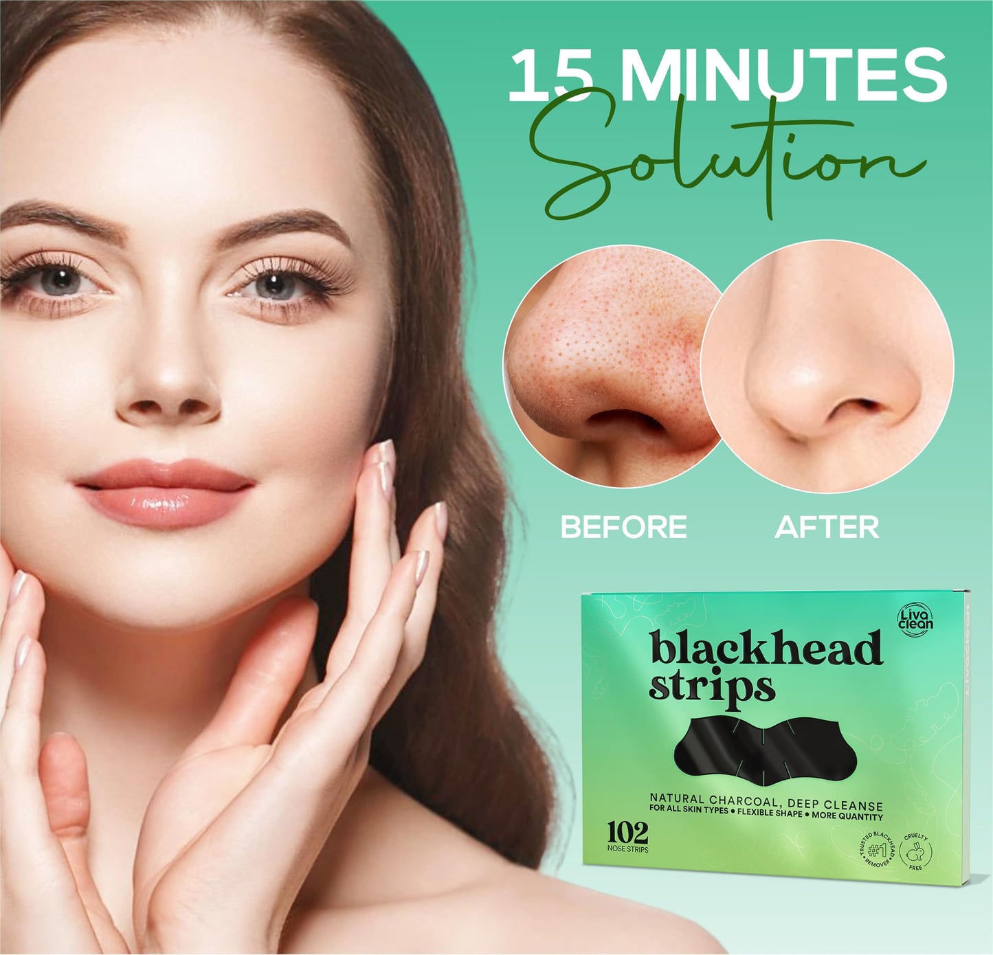 LivaClean (102 Strips Charcoal Blackhead Remover Pore Strips for Face Nose Pores, Blackheads Removal, Blackheads Removers, Blackhead Remover Strip