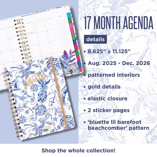 Lilly Pulitzer Jumbo Daily Planner August 2025 - December 2026, Weekly and Monthly Agenda with Stickers, Pockets, and Spiral Binding (Bluette Lil Barefoot Beachcomber)