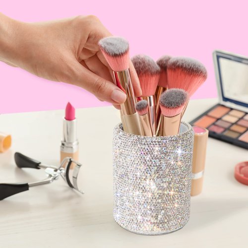 TISHAA Bling Cup Holder Organizer – Pen Pencil Office Desk Table Decorative Supplies Rhinestone Crystal Glitter Home Bedroom Vanity Makeup Brush Storage Tumbler Bins Container Accessories