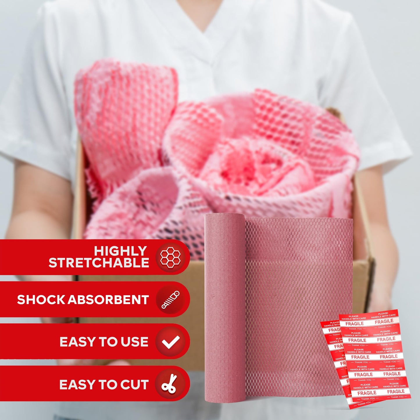 Pink Honeycomb Packing Paper for Moving 15-Inch x 118-Feet Bubble Honeycomb Wrap, Honeycomb Wrapping Paper for Packing Cushion with 30 Fragile Stickers Packing Supplies by Xfasten