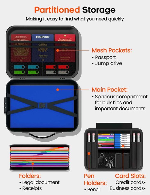 VISFAPAER Fireproof Document Box with Lock, Waterproof Hard Shell File Organizer with 13 Pocket Accordion Folder for Important Documents, Laptop, Passports, Portable Home Office Travel Safe Box