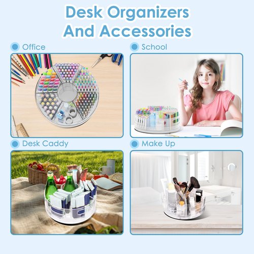 CraftGenes Pen Organizer for Desk - Acrylic Pen Holder with Hand Grips, 360° Extra Large Rotating Desk Organizer with 7 Removable Compartments for Office, Home, and Makeup Storage, Marker Organizer