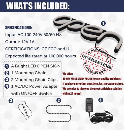 Open Signs for Business,LED Neon Open Sign,16x6 inch Lighted Sign for Restaurants Offices Retail Shops Window Storefronts,12V/1A Power Supply,with ON/OFF Switch (Horizontal White)