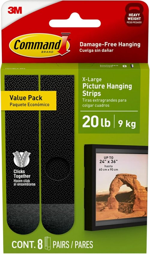 Command 20 lb XL Heavyweight Picture Hanging Strips - Damage-Free, No Tools Required, Black Adhesive (16 Strips)