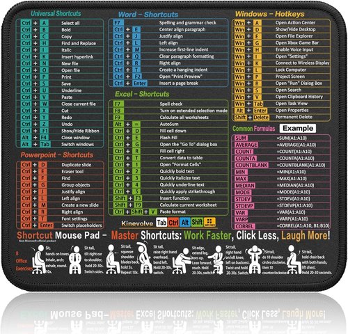 Kinevolve Mouse Pad - Excel Cheat Sheet with Windows Shortcuts | 11.8"x9.8" Waterproof, Non-Slip Design