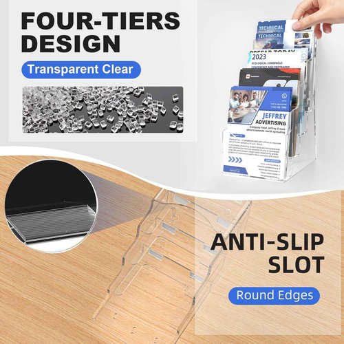 4 Pcs Acrylic Brochure Holder, 6 x9 Inches Flyer Holder, 4 Tier Clear Pamphlet Holder, 6.9 Inch Wide Magazine Literature Organizer Holder, Brochure Display Stand, for Wall Mount or Desktop Use