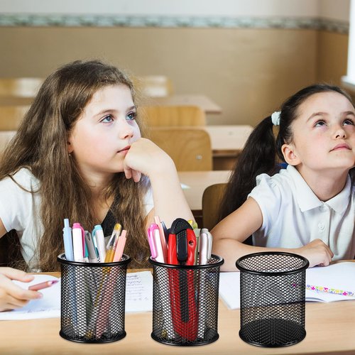 Lemecima 12 Pack Metal Pen Holder Mesh Pencil Holder Desk Organizer Mesh Round Pen Cup Pencil Cup for Desk Office Pen Organizer, Black