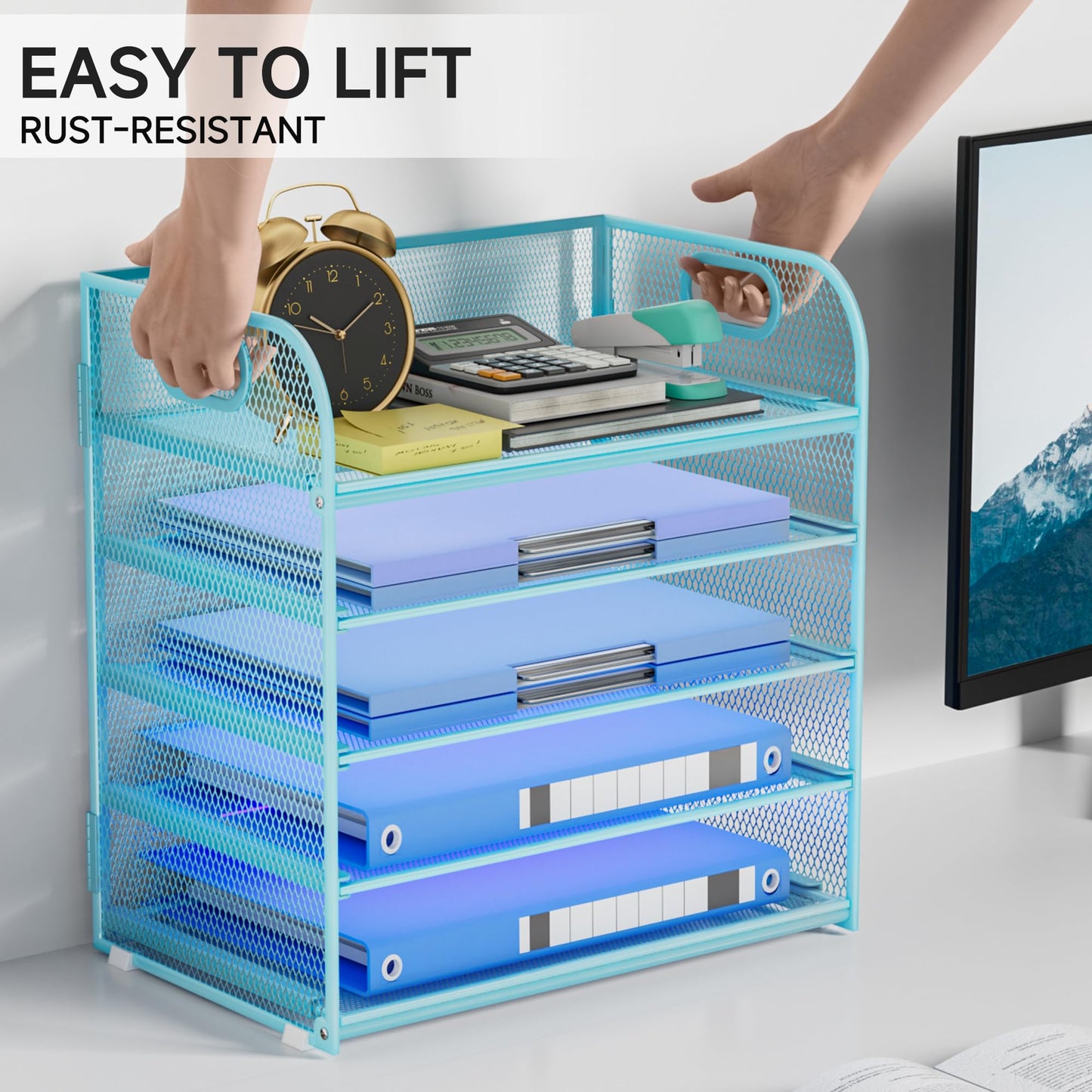 Kinkota Paper Organizer Letter Tray with Handle Mesh 5-Tier Stackable Desk Organizer for Files/Paper/Office Supplies, Sturdy Carbon Steel Desk Organizer for Home Office & Classroom